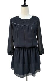 Black Embroidered Smocked Mini Dress XS