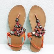 Bamboo Thong Sandals Embellished Orange Shoe Size 9
