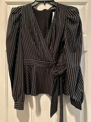 fab'rik NWT  black with silver stripe wrap blouse 
Size S Puff long sleeve