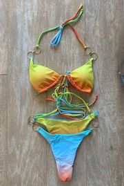 Urban Outfitters Rainbow ombré lace tie up gold chain bikini top bottom set