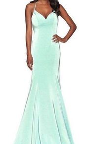 Faviana  Satin Open Criss Cross Back Mermaid Gown Sage Green Size 2 NWT