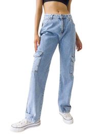 Light Blue Wash Y2K High Rise Wide Leg Multi-Pocket Cargo Denim Jeans