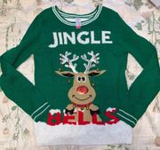 No Boundaries Green Jingle Bells Reindeer Striped Ugly Christmas Sweater