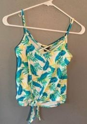 Poof! Tank Top White Tropical Floral Tie Front