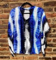 Alberto Makali Silk Blue White Black Printed Drape Sleeve Blouse Women's Large