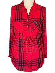 LIZ LANGE MATERNITY Ladies Red Plaid Blouse w/ Tie Belt ~ Women's Medium ~ Rayon