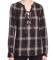 SANCTUARY Black White Red Plaid Long Sleeve Lace Up 100% Rayon Blouse Top Small