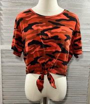 FLIRTITUDE (Active) 100% Cotton Tie Bottom Cropped Tee Red & Black Camo-Large