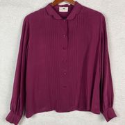 Vintage 100% Silk Pleated Button Up Blouse Long Sleeve Scalloped Collar