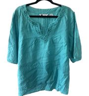 Carole Little Woman 100% Linen Bead Embellishment V Neck Flounced Hem Blouse 3X