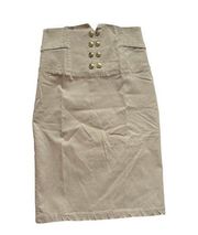 VALIA Women's Khaki High Waist Pencil Skirt with Gold Buttons Size S