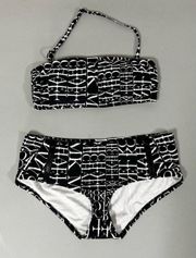 Michael Kors Black White Logo Graphic Bandeau Bikini Top and Bathing Suit Bottoms Coords Luxury Designer Matching Swimwear Set Size XS 🖤