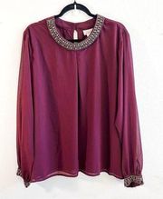 Ariat Blouse Bejeweled Burgundy Wine Long Sleeve Chiffon Top Sz XXL EUC Western