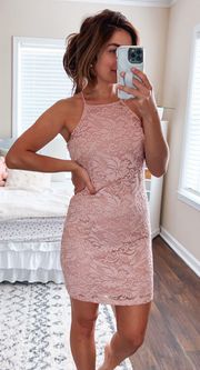 Blush Pink Full Lace Halter Neck Mini Dress