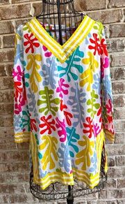 Gretchen Scott Tunic Top Large Colorful Leaves Print V Neck Side Slits Hippie 70