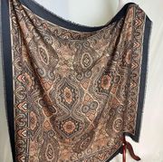 Elaine Gold Large Square Boho Scarf Wrap Brown Black Floral Frayed Edge 46x46