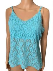 Secret Treasures Y2K Blue Sheer Boho Romantic Floral Lace Lingerie Cami Top