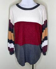 Sweater SMALL Crewneck Pullover Colorblock Stripe Fleece Oversized Casual