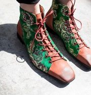 John Fluevog Tudor Henley Square Toe Lace Up Boot Floral Green