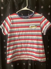 White Red Blue Yellow Striped T-Shirt Crop Top w Short Sleeves