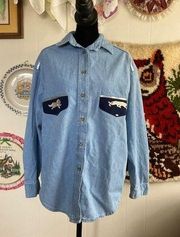 90's VTG funky lion & lioness denim chambray faux pocket button down