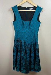 Zac by Zac Posen Fit and Flare Dress Size 6 Jacquard Floral Party Cocktail Blue