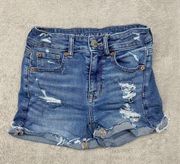 American Eagle  Shorts Womens 00 Blue Booty Jean Cut Off Shortie Ripped High Rise