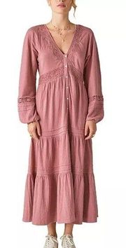 Lucky Brand Cotton Pink Peasant Embroidered Open-Back Long Sleeve Maxi Dress XL
