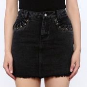 Honey Punch Denim High Waisted Cutoff Mini Skirt with Grommets Black Small