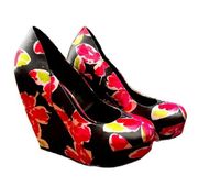 black Floral platform wedge Synthetic Black Pink satin high heels 8