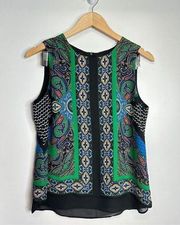 Rose + Olive Blouse Womens Size Medium Printed Sleeveless Shirt Green/Black