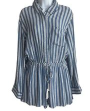 Elan Women Short Romper Long Sleeve Adjustable Tie Waist Button Up M Blue Stripe