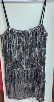 Day + Moon Silver And Black Fringe Dress