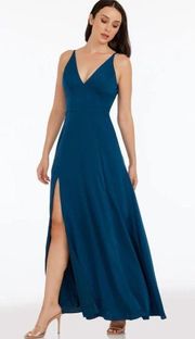 Dress The Population Iris Gown High Slit Plunge V-Neck in Peacock Blue Women's L