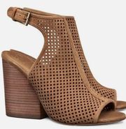 Tory Burch Jesse Perforated Peep Toe Buckle Chunky Heel Ankle Booties Size 6 EUC