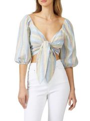 Moon River Crop Top Womens Small Tie Balloon Sleeve Rainbow Striped Linen Anthro