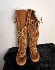 sz 7.5 Minnetonka leather suede lace up boots 60s 70s boho hippy fringed