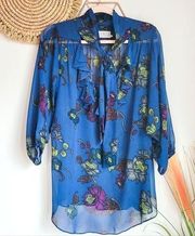 Alice & Trixie, 100% Silk Navy Blue Floral Tie Neck Blouse Top, Size Large