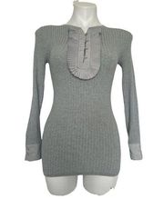 BCBGMaxAzria Silk Pleated Neck blouse top XSmall Gray ribbed long sleeve