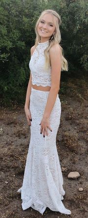 White Lace Two Piece Prom Dress