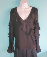 Parker Ruffled Long Sleeve V-Neck Blouse Size S  Flare Bell Sleeve