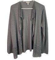 Chico's  2 Womens Cardigan Size Large 12 Gray Open Lace Knit Trim Rayon Blend