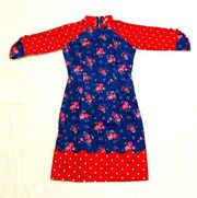 NWT Small Red and Blue Polka Dot Cottage Core Slit Dress with Decorative Buttons