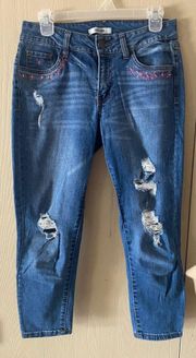 Refuge Distressed Capri Jeans with Floral Embroidery - size 4