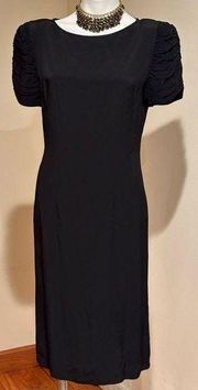 Maggy London Black Boat Neck Dress SZ 10 Short Ballon Sleeve W Shoulder pads