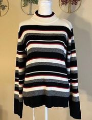 Jennifer Moore Cream Black Gray and Red Striped High Neck Sweater Medium