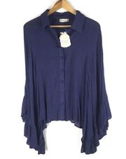 NEW Altar'd State Ruffle Cape Button Down Shirt Blue Size XS