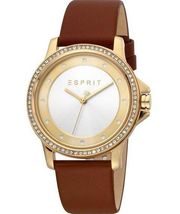 NWT Esprit Gold & Brown Leather Band Rhinestone Watch