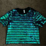 Blue-green iridescent sequin crop top, size medium