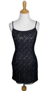 Vintage Gunne Sax Jessica McClintock Black Silver Lace Slip Mini Dress Size 5/6